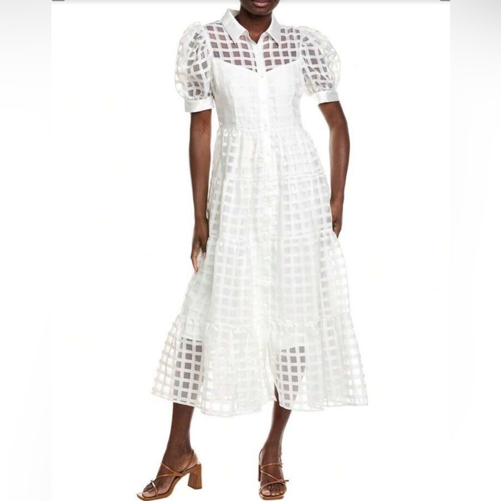 SHEIN White Grid-Check Puff Sleeve Collared Midi Dress